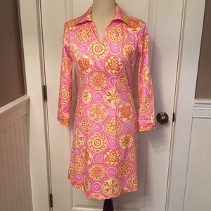 MELLY M DRESS USA PINK WHITE PREPPY PRINT COLLAR V-NECK SIZE 2